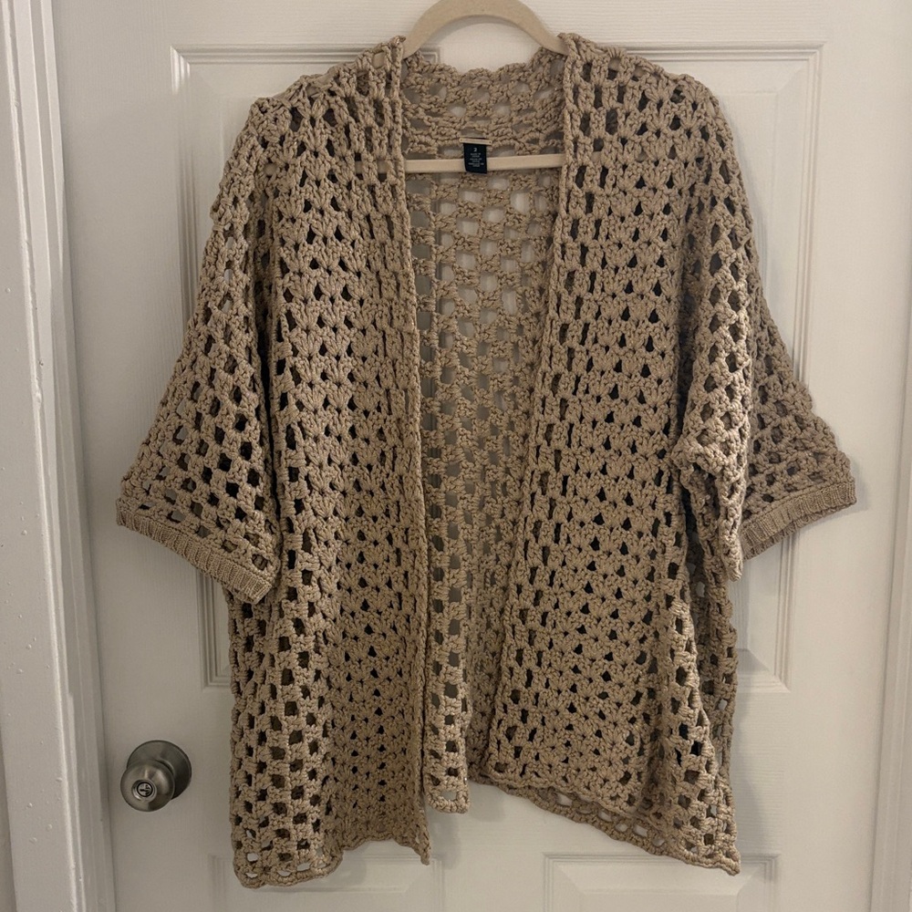 Chicos Black Label Crochet Jacket Beige Gold Metallic Short Sleeve